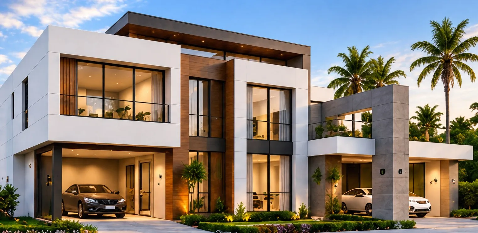 Residencia moderna de dos niveles al atardecer, con jardín y palmeras