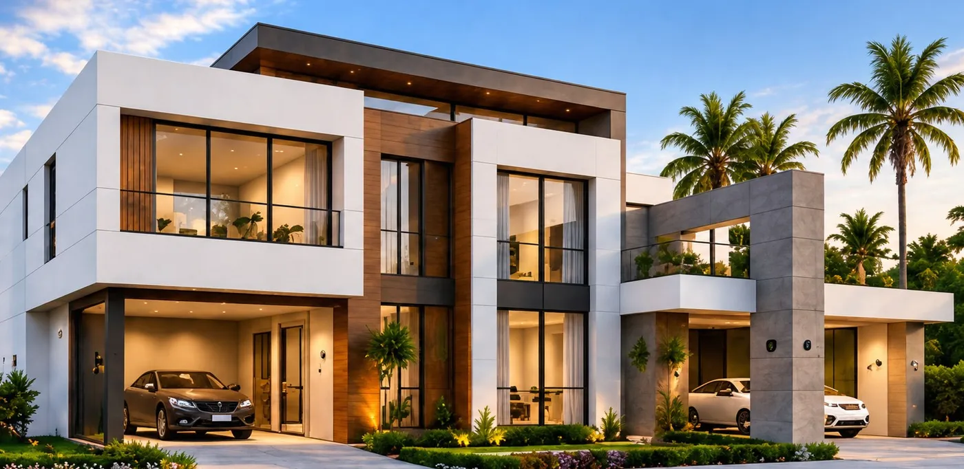Residencia moderna de dos niveles al atardecer, con jardín y palmeras