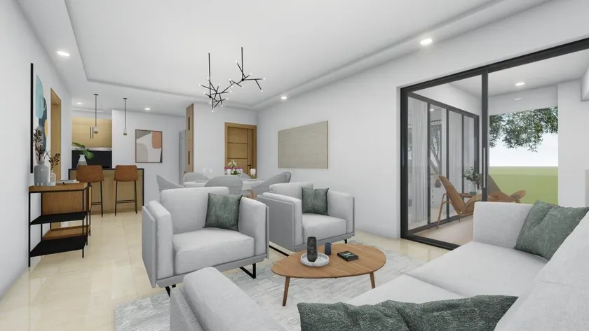 Sala de Venecia Blue con sofás claros y ventanal corredizo al patio