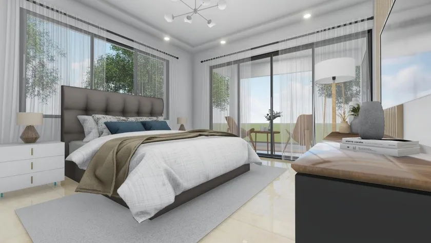 Habitación principal de Venecia Blue con cabecero tapizado y ventanal de piso a techo
