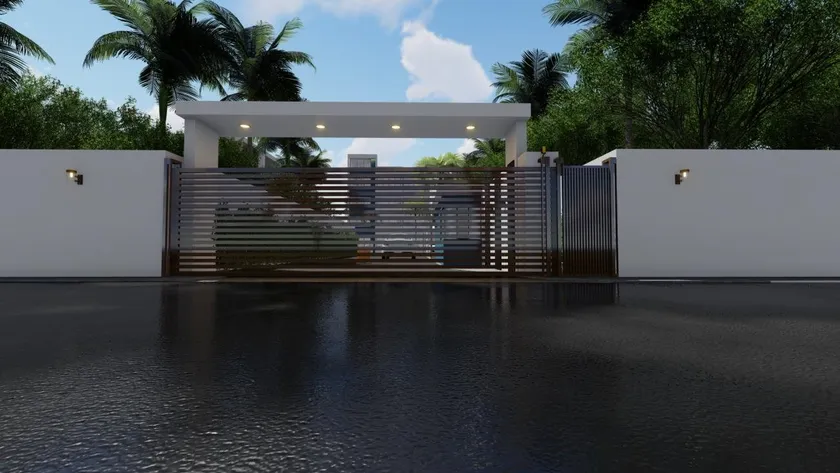 Portón de acceso al residencial Venecia Blue, con reja de listones metálicos